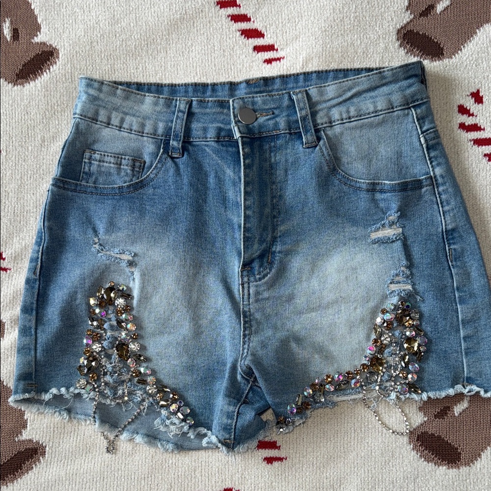 SHEIN Blue Jean Shorts with Rhinestone Accents